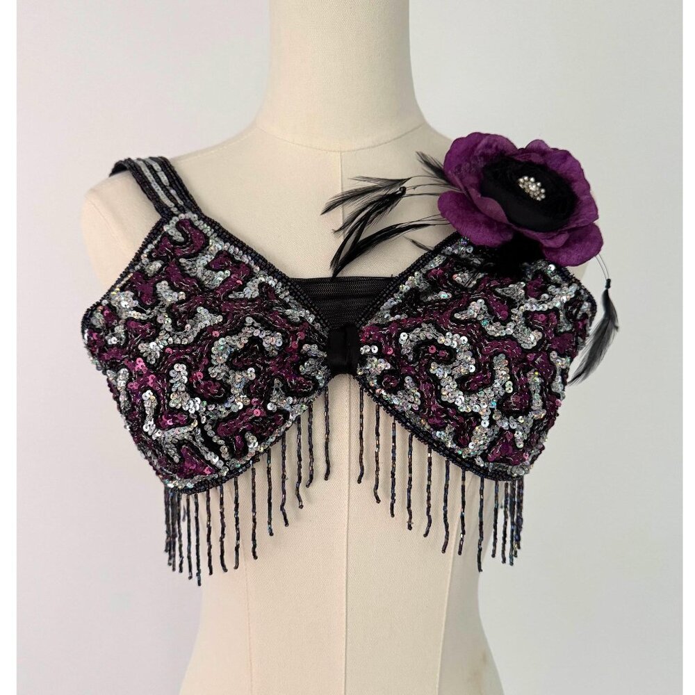 90s vintage purple sequin beaded glamour costume girls dance top XXS womens